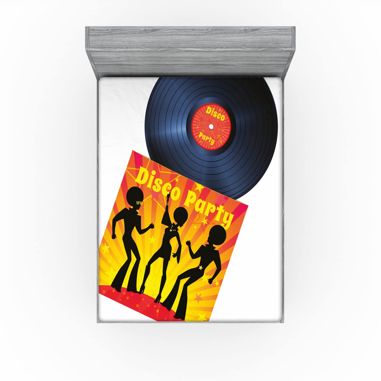 Ambesonne Vinyl 2 Pack Fitted Sheet, Record Cover Disco Party, Bed Cover All-Round Elastic Deep Pockets 2 Pieces, Package Contains 2 Full Size Fitted Sheets, Orange Yellow White