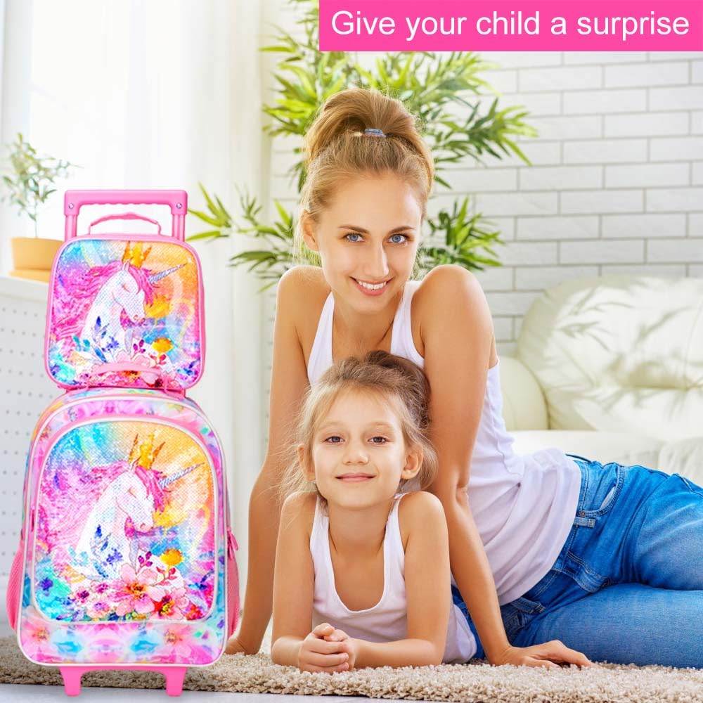 4PCS Rolling Backpack for Girls,Kids Unicorn Bookbag with Roller Wheels, Suitcase School Bag Set for Toddler Elementary