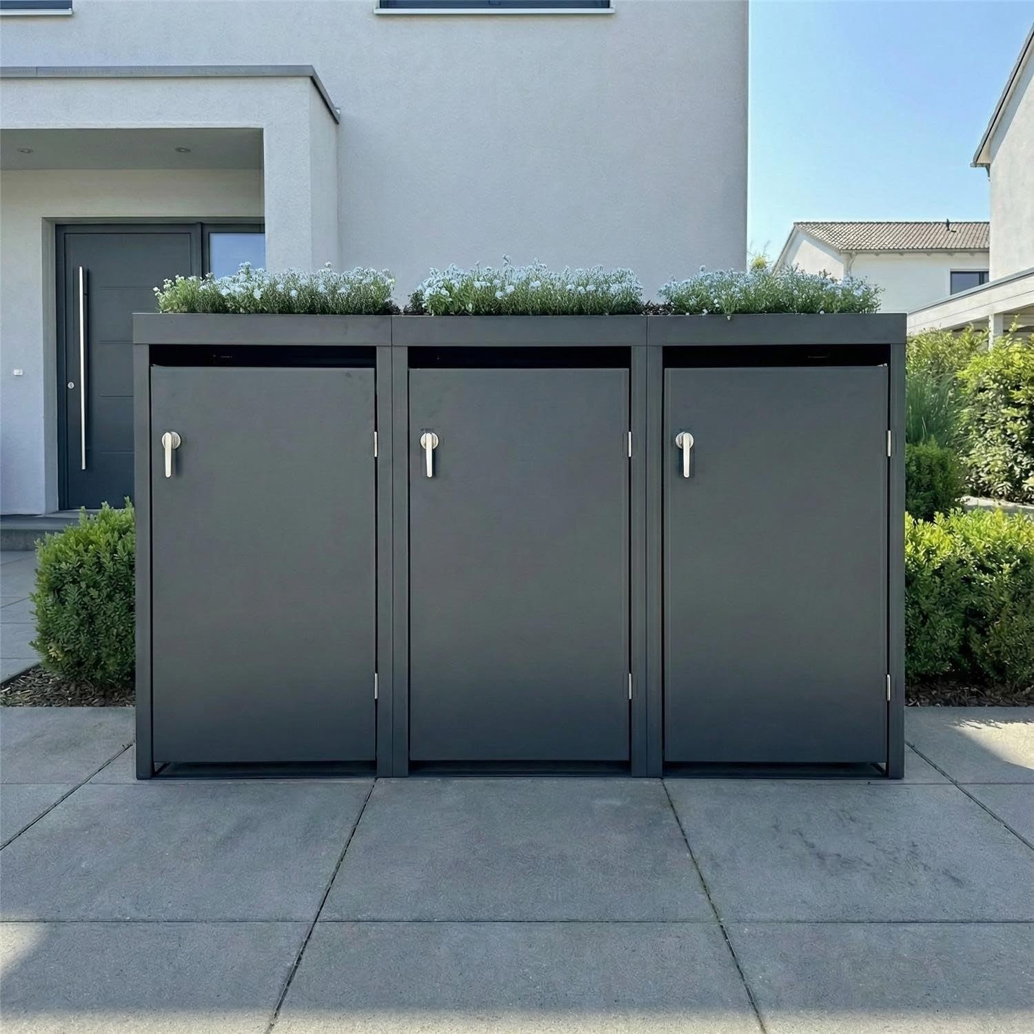 Metzler Mülltonnenbox in Anthrazit mit Pflanzdach 3er 240L, Mülltonnenverkleidung 3 Tonnen, witterungsbeständiger und pulverbeschichteter Stahl mit Automatikdeckel, abschließbar, Garten- und Müllbox