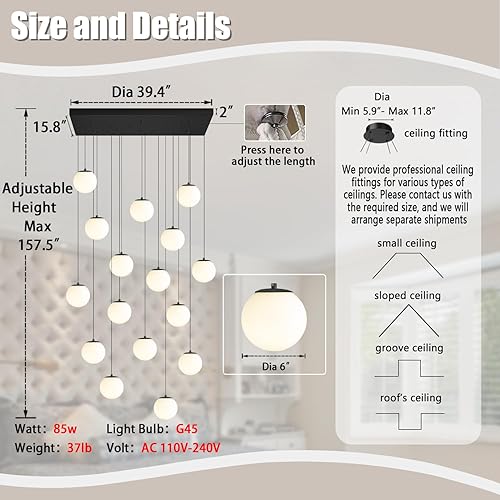 Miniatura 340 de Escalera LED de 10 luces LED moderna con globo de cristal, lámpara colgante grande para techos altos, accesorios de iluminación de entrada, villas y