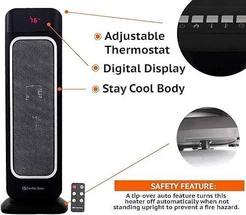 Miniatura 3 de Calentador oscilante Comfort Zone  Ventilador de cerámica forzado con carcasa Stay Cool  Torre con control remoto, termostato digital, temporizador,