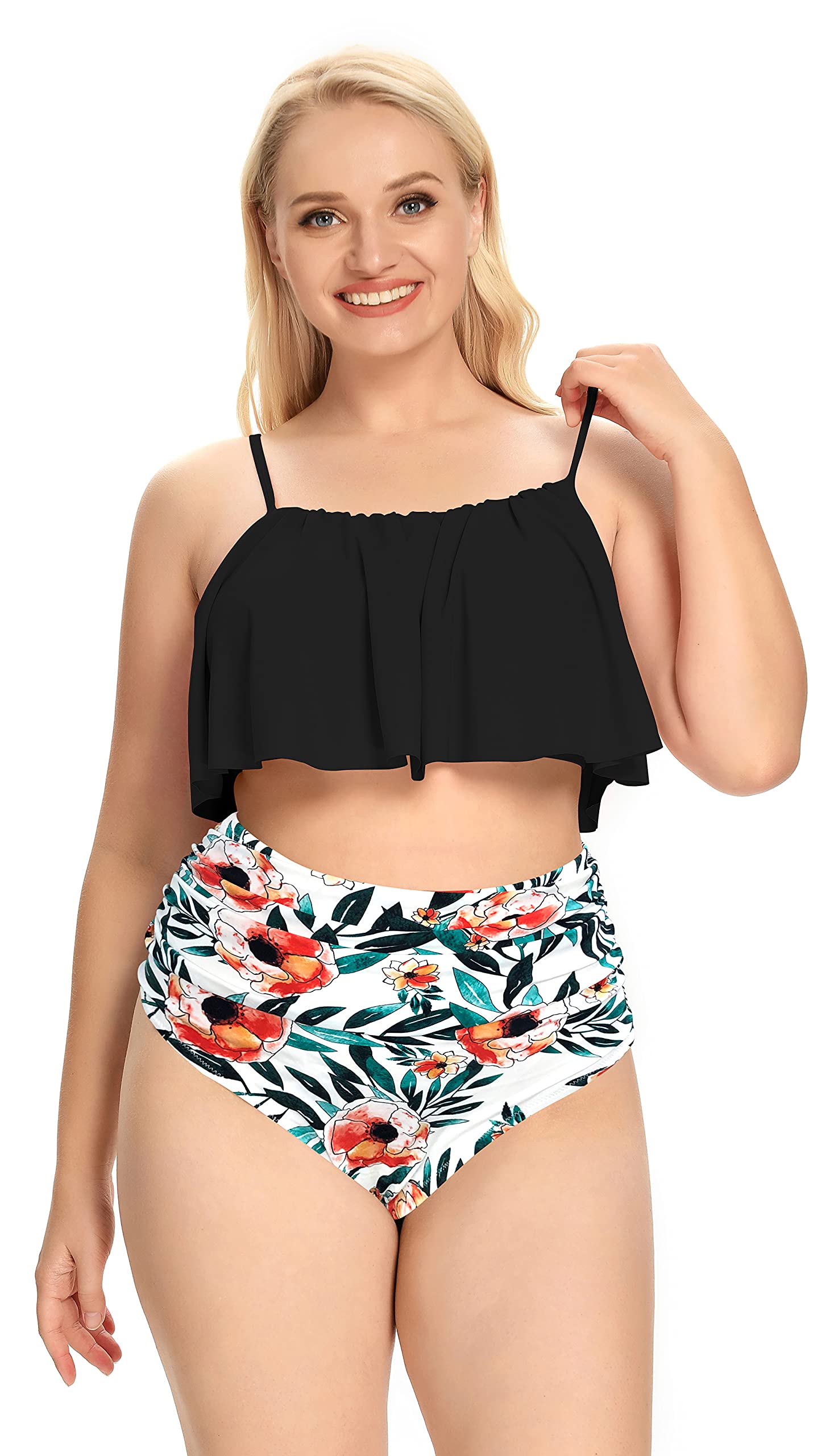 SHEKINI Traje de baño de Dos Piezas para Mujer Ajustable Elegante Volantes Bikini de Cintura Alta Talla Grande Conjunto de Bikini 2 Piezas Estampado Ropa de Playa Tankini Set