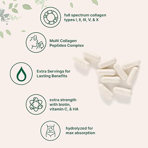 Vista 3 de Micro Ingredients Píldoras de colágeno múltiple para mujeres y hombres, 240 cápsulas Tipo I, II, III, V, X Péptidos hidrolizados con biotina