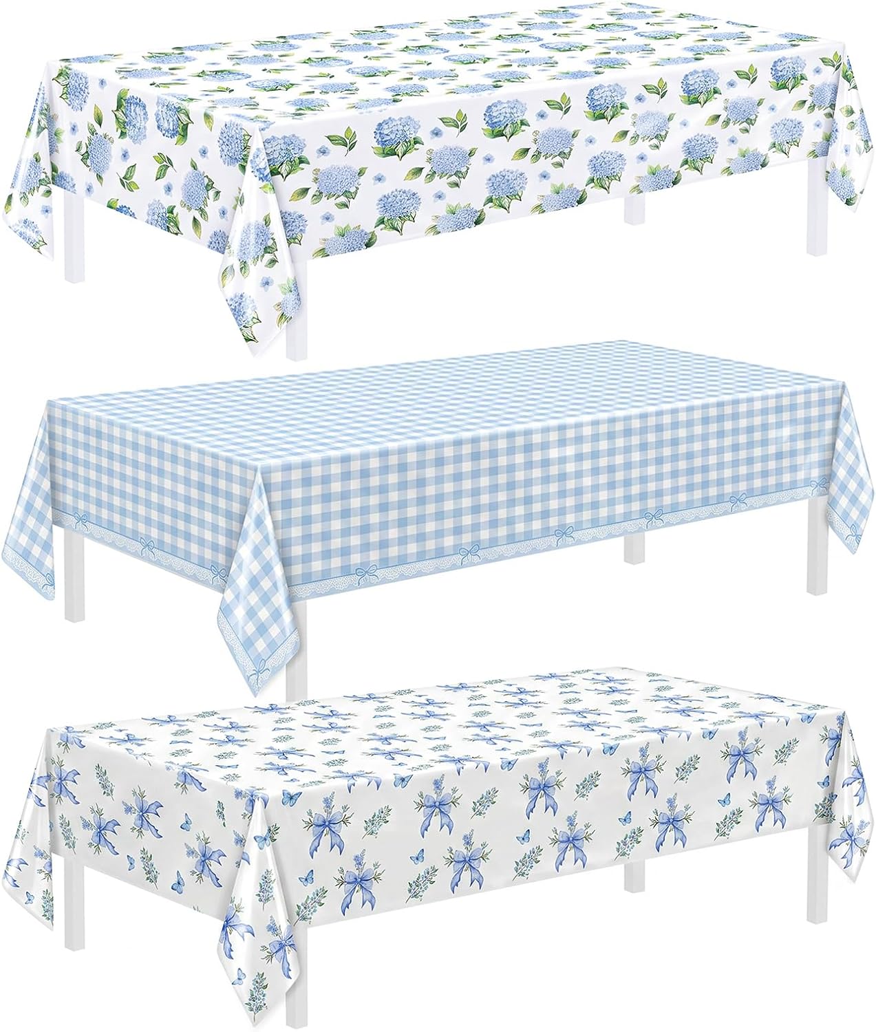 DPKOW Blue White Floral Tablecloths for Summer Tea Party Decorations, 3Pcs