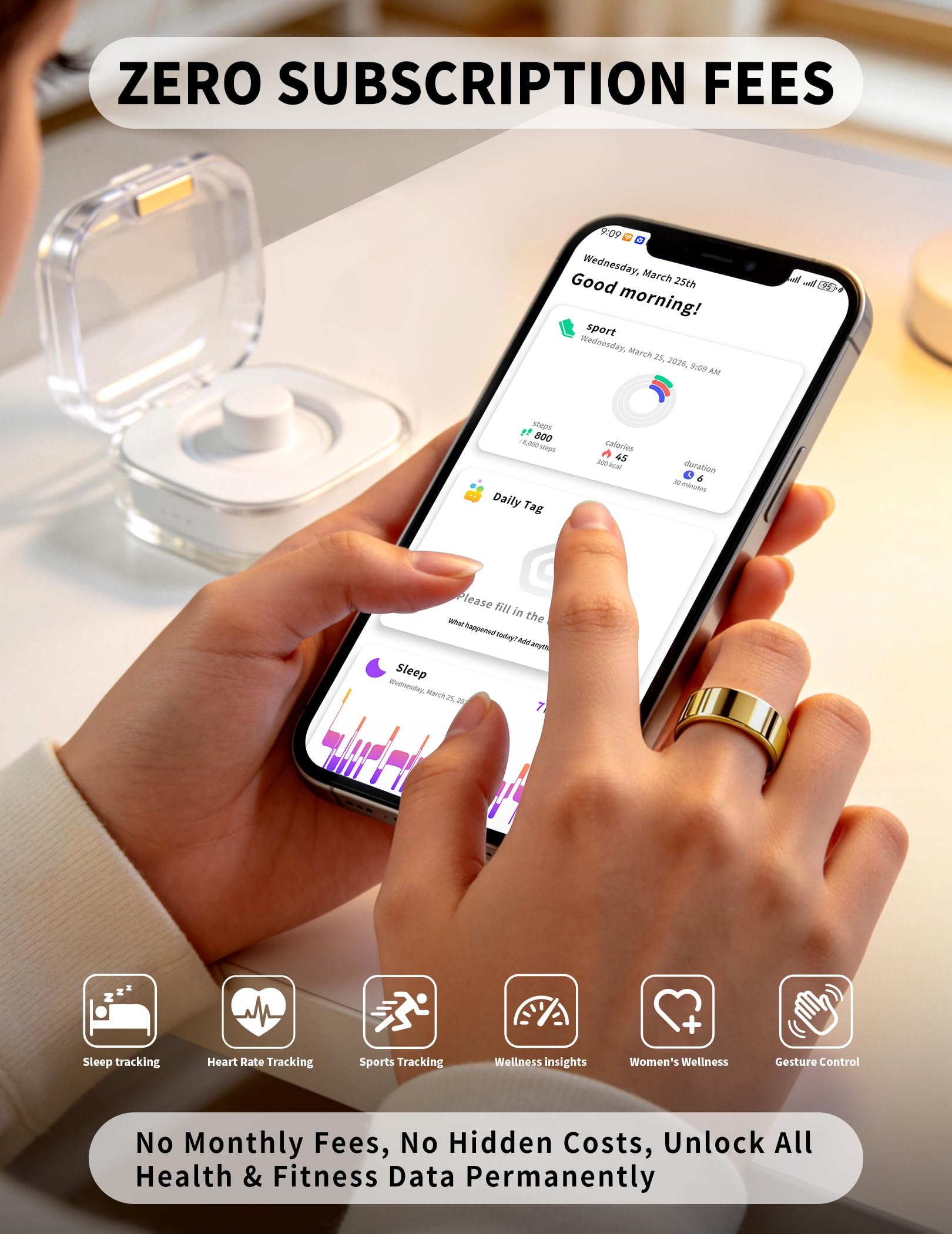 NewTrip Anillo inteligente para mujeres y hombres, rastreador de actividad física, frecuencia cardíaca, tendencias de sueño, 128 modos deportivos, control de gestos, seguimiento de ciclo IP68