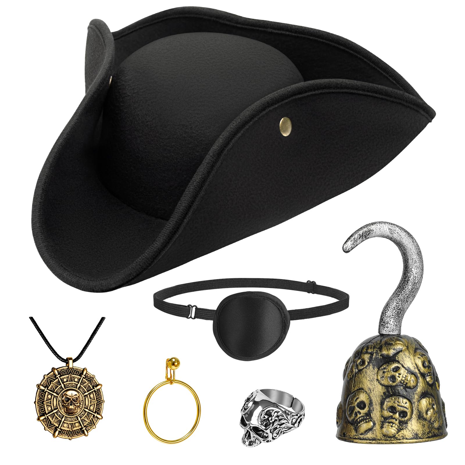 Tanganan Pirate Hat Costume Set, 6 Pcs Halloween Pirate Costume Hat with Skull Head Ring Necklace Hook Earrings Eye Patch Leather Brown Hats for Men Women (Black) โ image 1