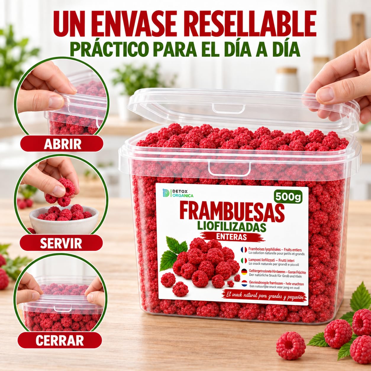 Detox Organica Frambuesas Liofilizadas 500g - Enteras - Cubo Resellable