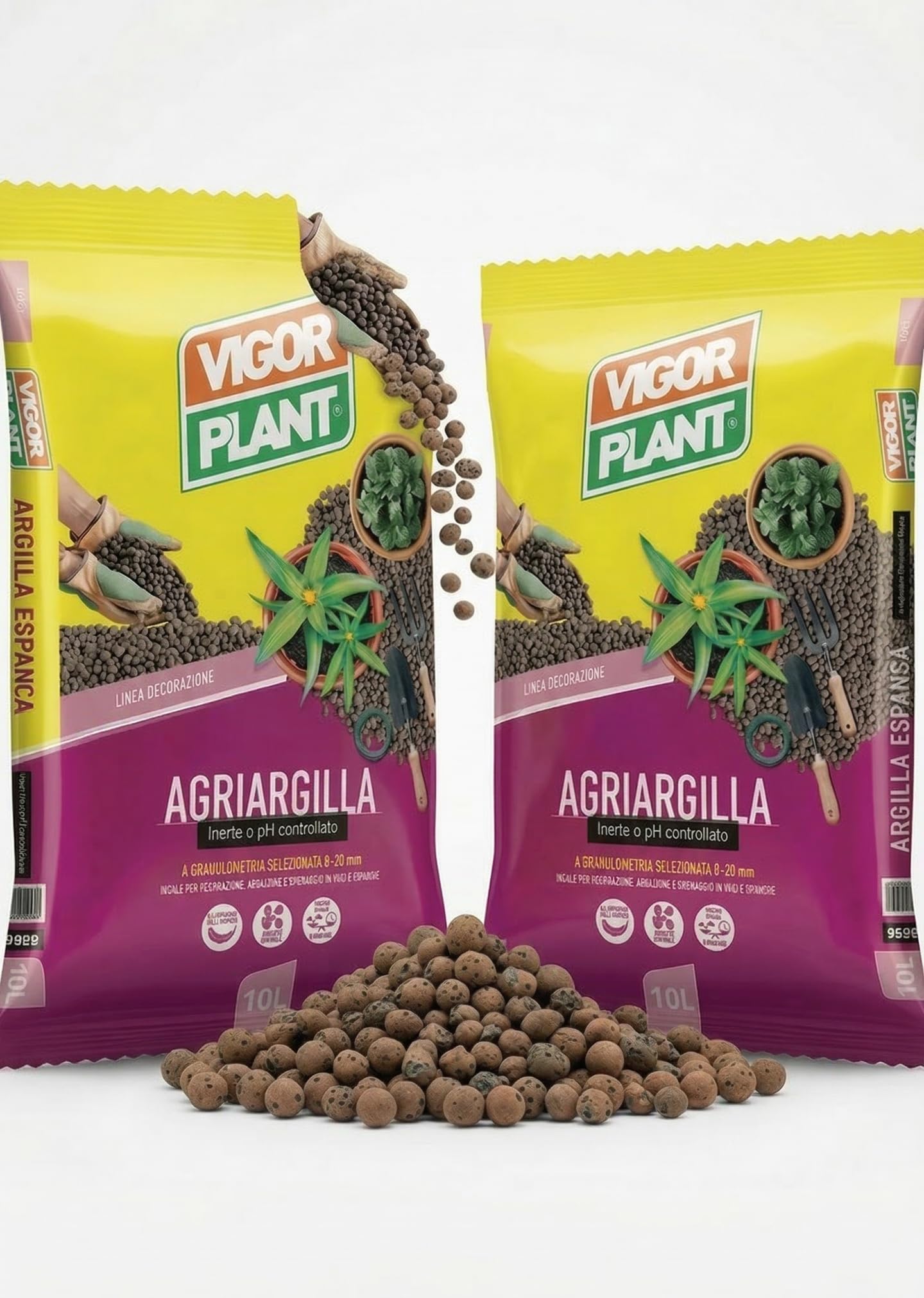 Agriargile Lot de 2 paquets de 10 l (20 l totaux) – Argile expansée pour plantes 8 – 20 mm, inerte au pH contrôlé, idéal pour le drainage, l'aération et la décoration des pots et des jardinières