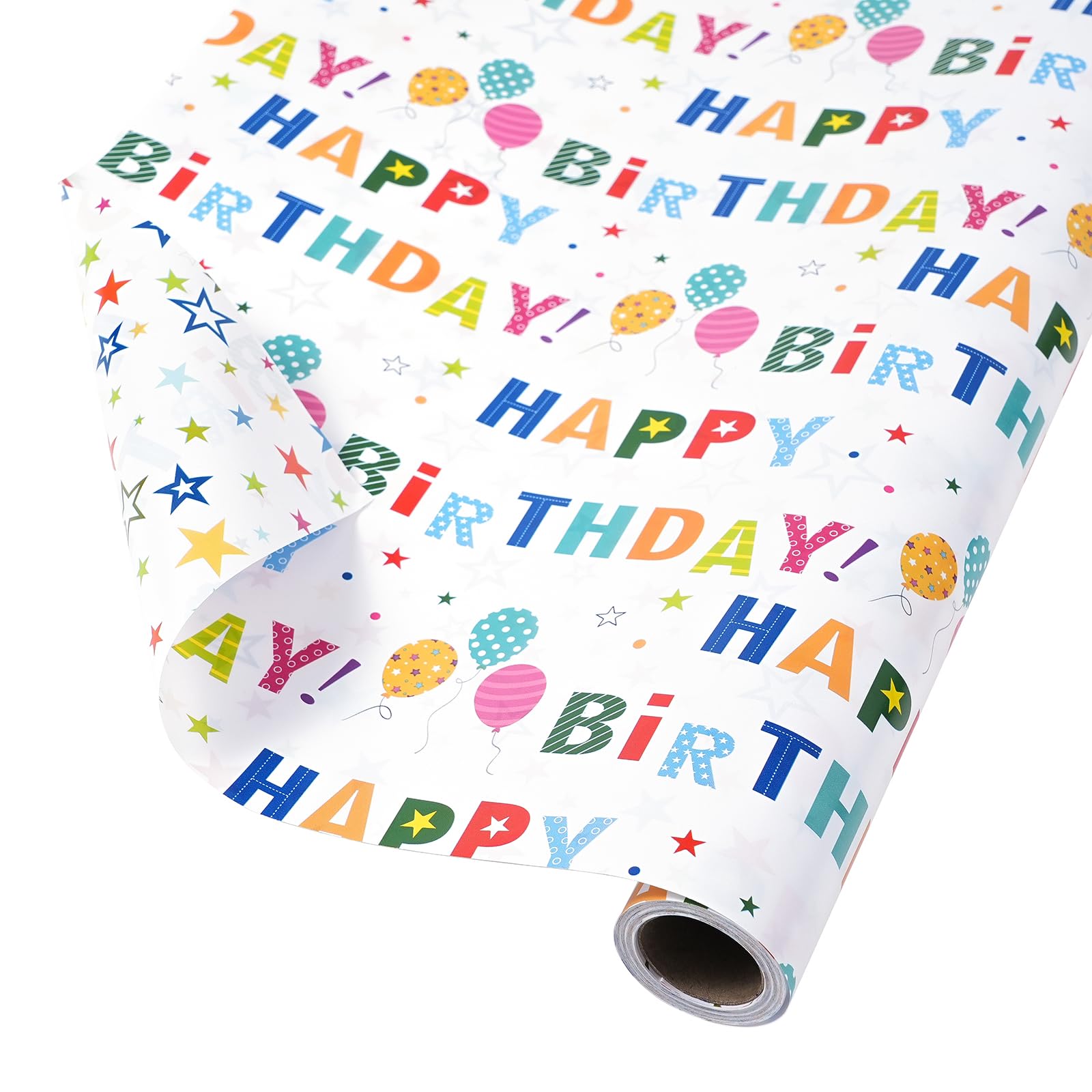 Ulmasinn Reversible Birthday Wrapping Paper Roll for Boys Girls Kids - Mini Roll - 17 Inches X 33 Feet - Colorful Happy Birthday Lettering Balloon and