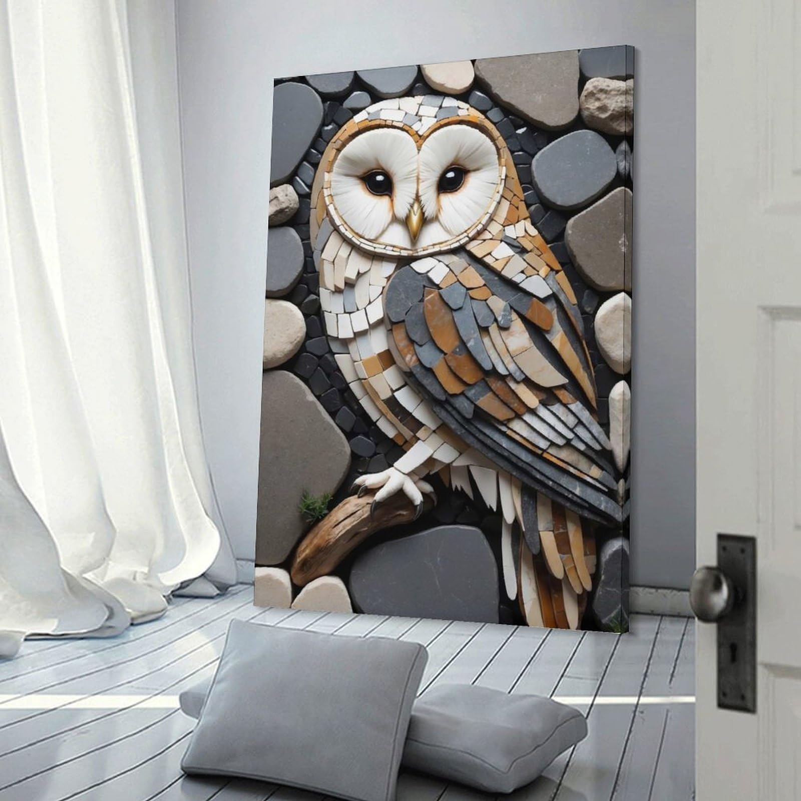 Junmoney Mosaic Owl on Branch Wall Art Print 20x30inch(50x75cm), for Art Walls, Layered Displays Or Homes, Wall Decor Suited to Curated Displays