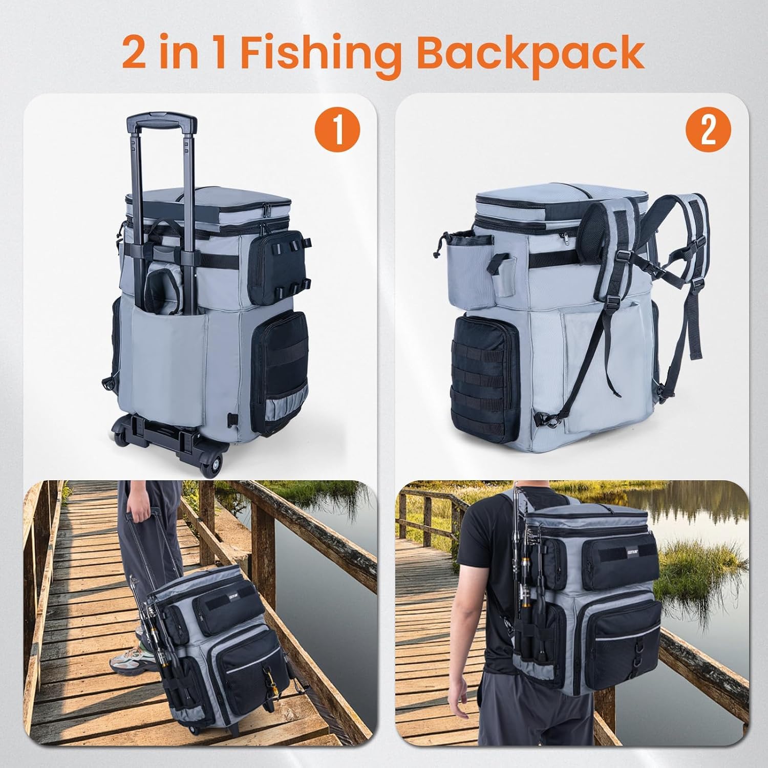 Goture Angelrucksack 66L wasserdicht doppelstöckig mit Isolierfach | 2-Wege-Tragesystem (Rollen & Schultergurt), Regenschutz, Fachaufteilung für Angelzubehör, ideal für lange Angeltouren