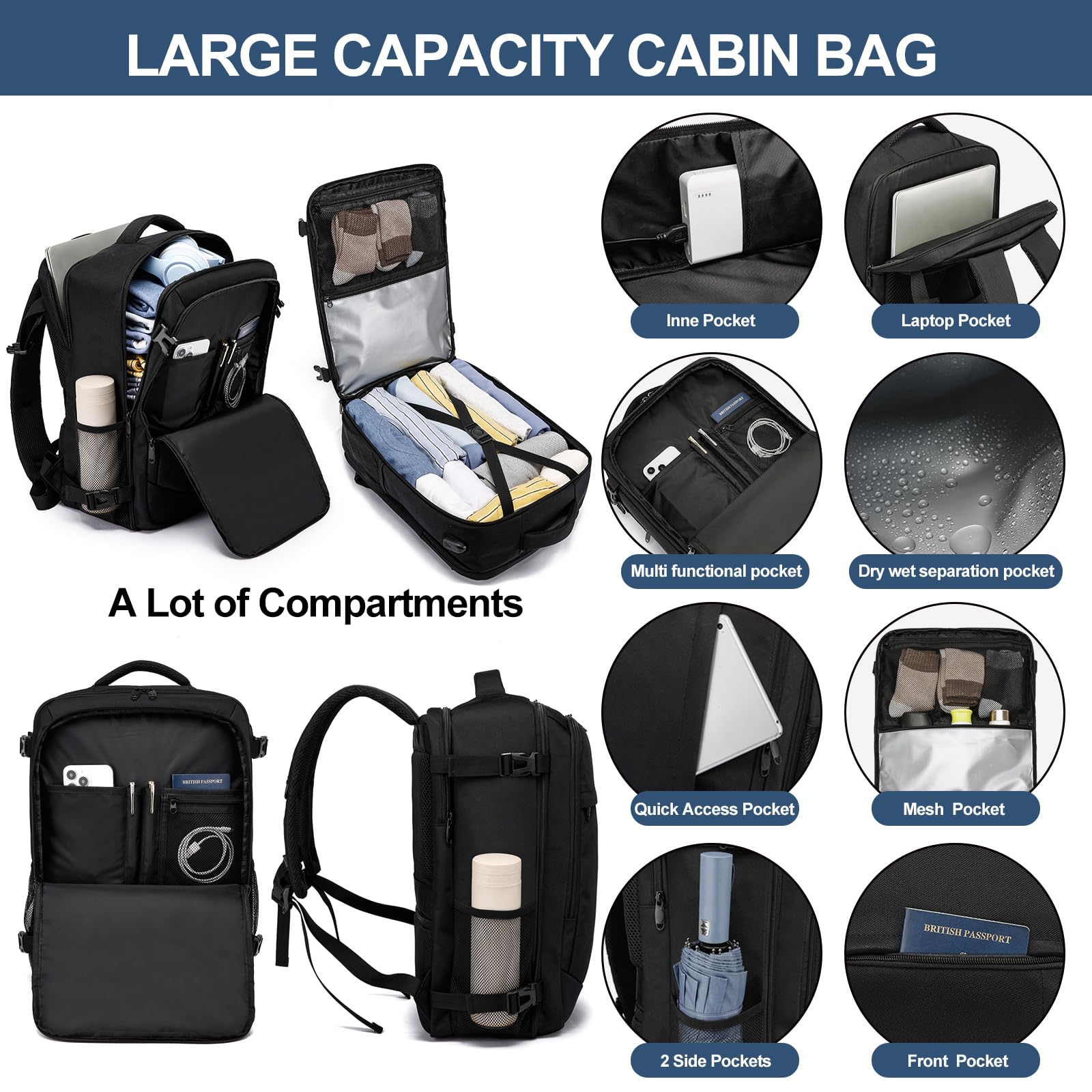 LIGSAN Zaino Viaggio 45x36x20 Bagaglio a Mano per easyJet Zaino da Viaggio Aereo 30L Zaini Cabina 45x36x20cm Borsa da Cabina con compartimento impermeable, 15.6 Pollici Zaino Porta PC