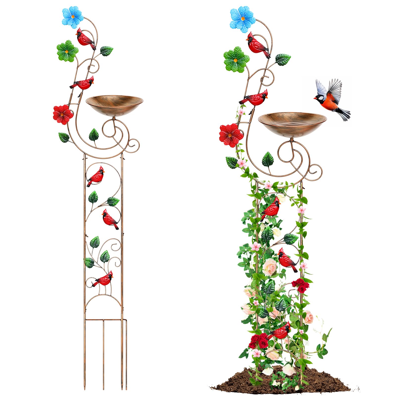 Bird Baths with Trellis for Climbing Plants Outdoor, Small Garden Plant Trellis, Metal Birdbath Birdfeeder Bird Water Feeder with Iron Bowl, Antique Plant Support Structures (Redbird)