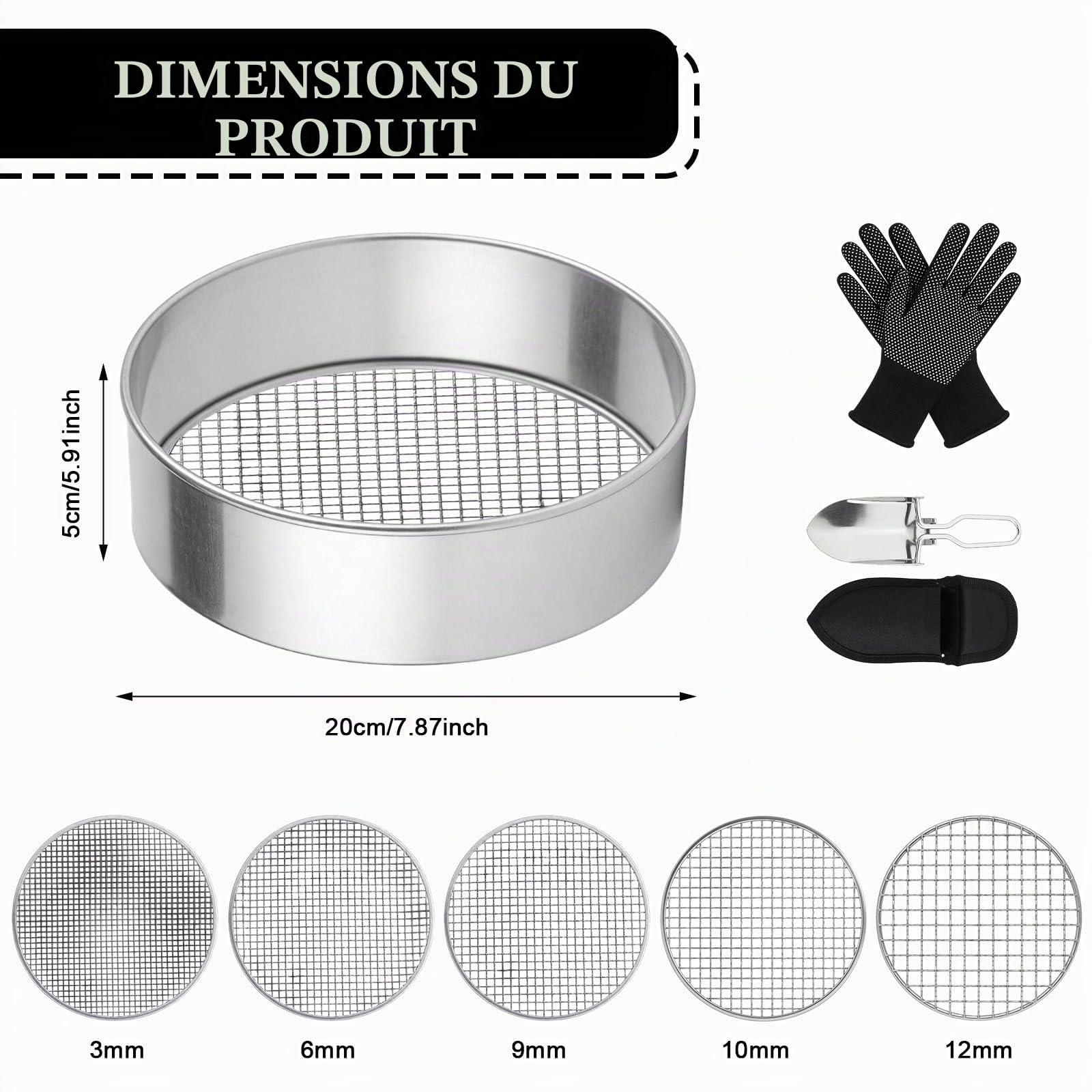 Tamis De Jardin En Acier Inoxydable, 5 En1 Tamis Jardin, Tamis À Compost Rond En Métal, Rond 20 Cm, Avec Pelle Et Gants Avec 5 Tamis Interchangeables Ø 3,6,9,10,12 Mm Pour Terre, Compost, Semences