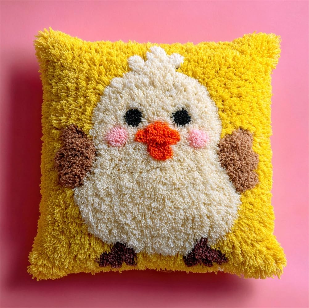 kitphoenix Latch Hook Kits for Adults -Cute Chick Latch Hook Pillow Kits for, Crochet Yarn Kit for Beginners, DIY Needlework Crafts Cover Case with Printed Canvas 17X17Inch