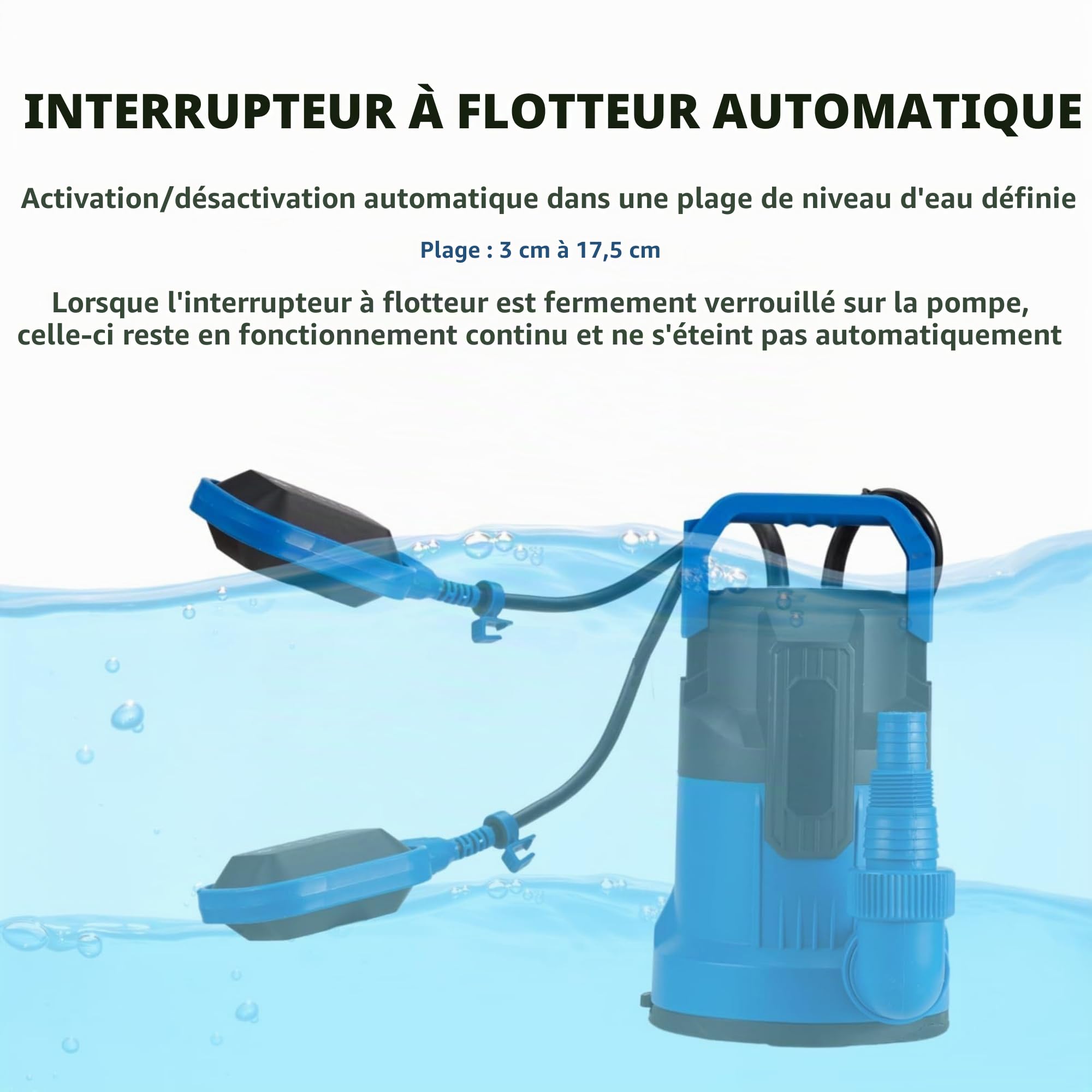 Pompe d’évacuation plate Aspiration jusqu’à 1 mm, Moteur 550W, Débit 17000 L/h, Hauteur de refoulement: 9m, Profondeur d’immersion: 7m, Pompe utilitaire scellée pour Pond avec interrupteur flottant
