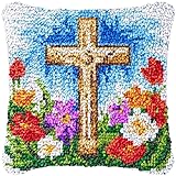 Easter Cross Latch Hook Pillow Kits Cover for DIY Cushion Cross Stitch Latch Hook Pillowcase Rug Kits with Preprinted Canvas Crochet Yarn Kits Needlework Crafts 17'' X 17''