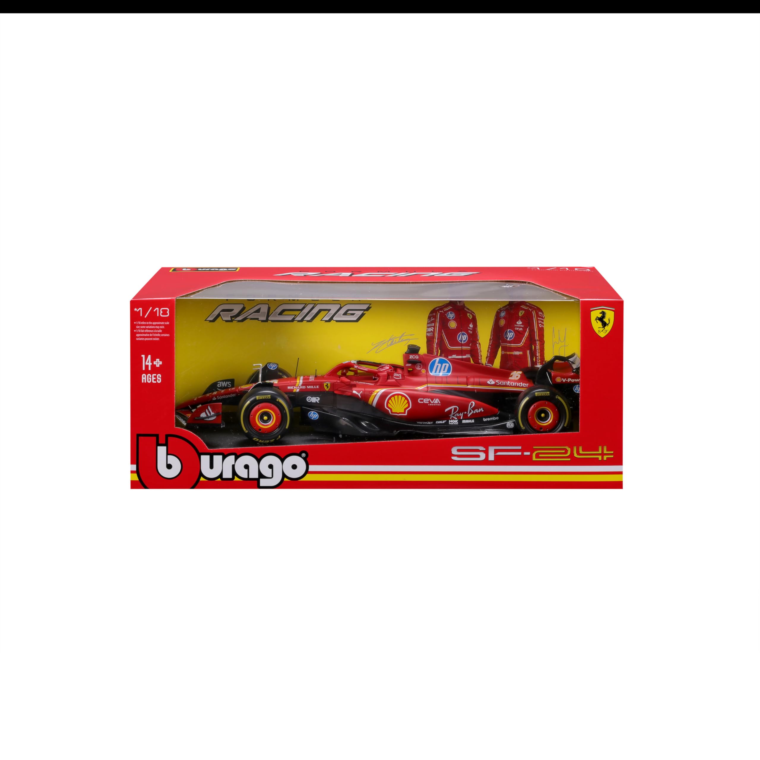 Bburago Formel 1 Ferrari SF-24 Imola-Version (2024): Modellauto im Maßstab 1:18, mit Fahrer #16 Leclerc, Window Box, 34,6 cm, rot (18-16815L)