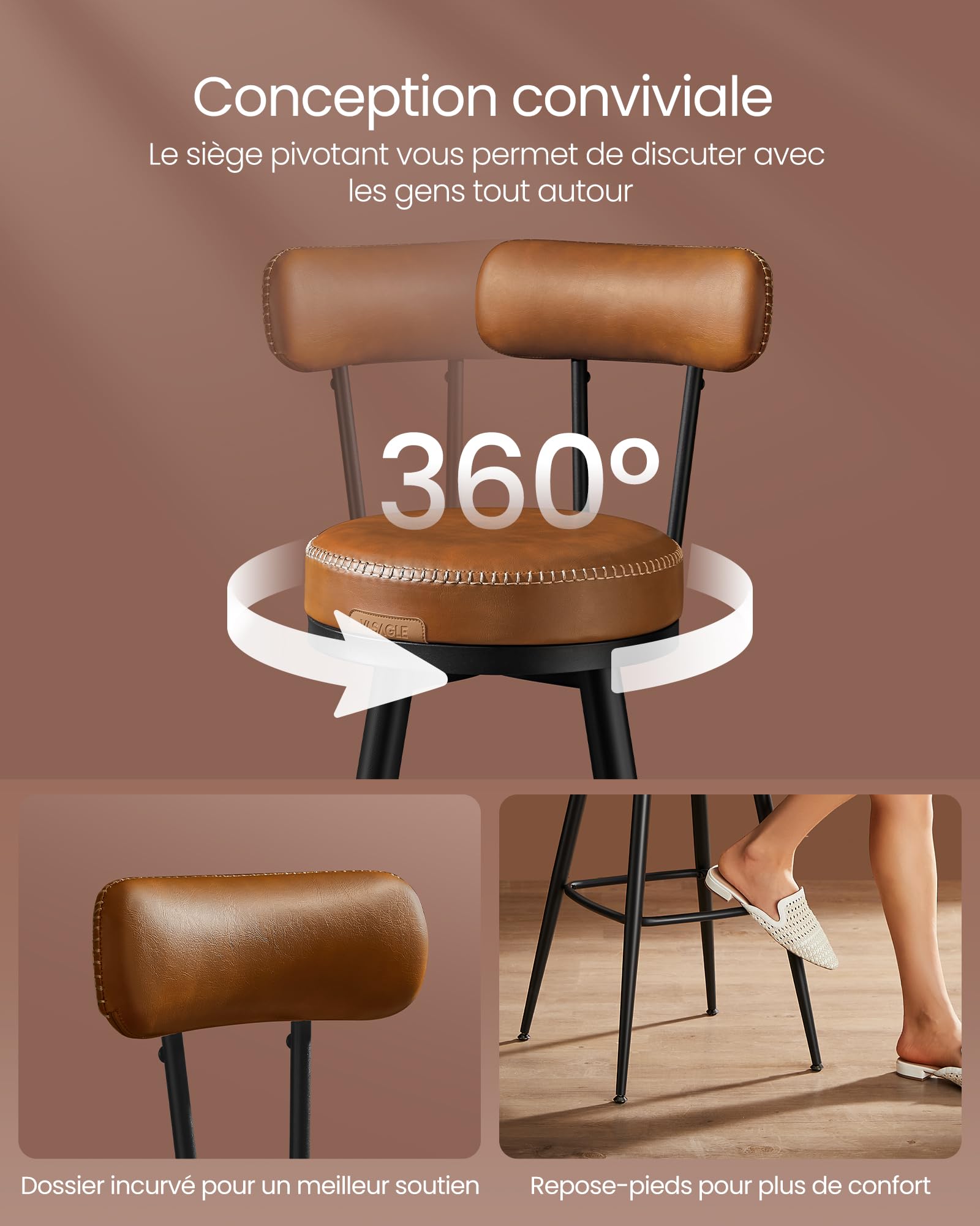VASAGLE Collection EKHO - Lot de 2 Tabourets de Bar, Chaises de Bar, Chaises de Cuisine, en Similicuir, Hauteur d’Assise 76 cm, Cuisine, Salle à Manger, Pivotants à 360°, Brun Caramel, LBC889K01V2