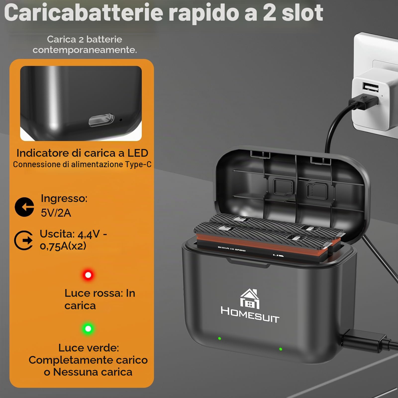 Homesuit Insta 360 X3 Batteria 1800mAh e Kit di Carica USB con LED e Slot per Schede di Memoria Compatibile con Fotocamera Insta360 X3 Fino a 80 Minuti di Tempo di Registrazione in Più (Confezione da