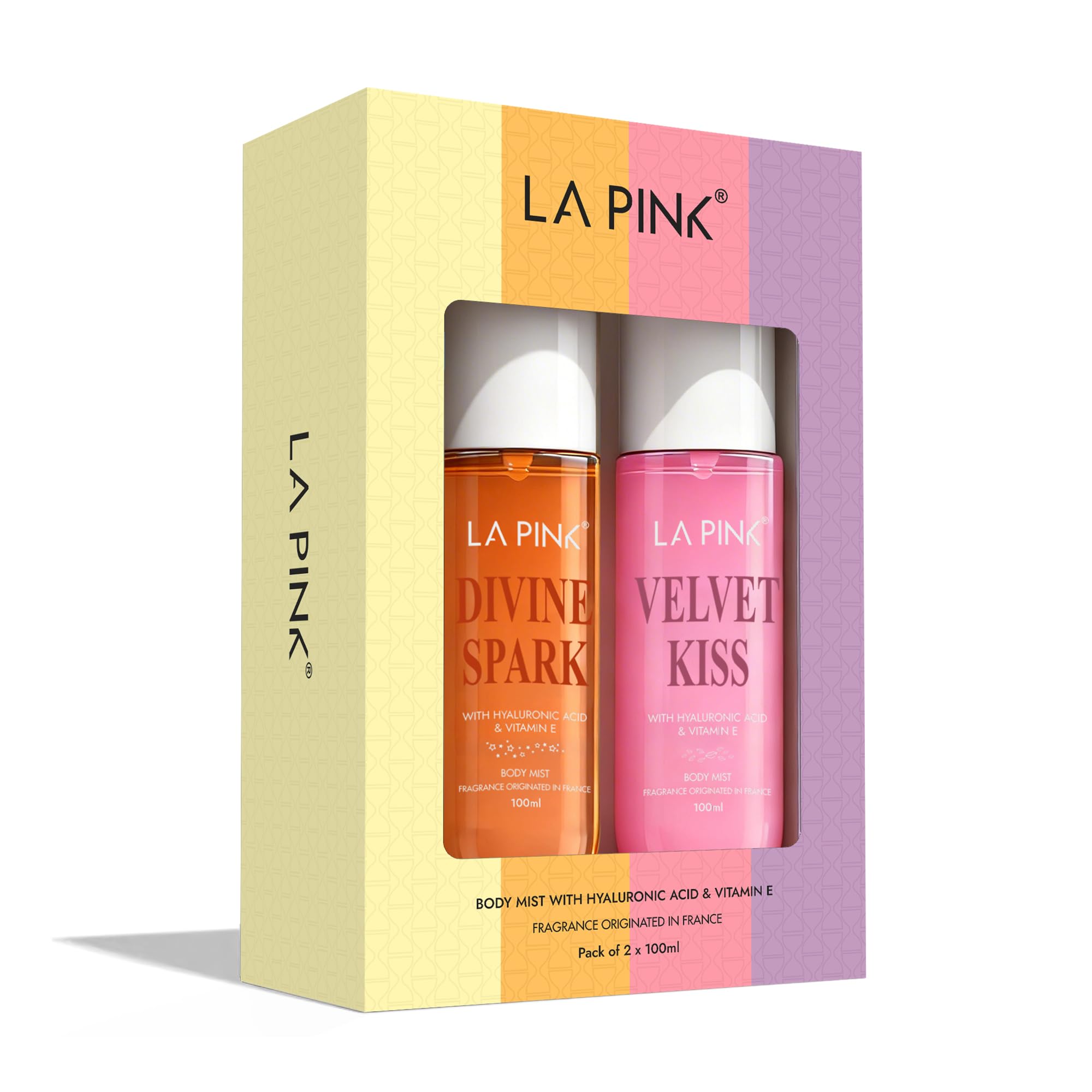 LA PINK Divine Spark & Velvet Kiss Perfume Body Mist Combo | Tropical Coconut Citrus, Vanilla & Aquatic Marine Floral Fragrance | Lightweight Summer Body Spray | Long Lasting Freshness with Hyaluronic Acid & Vitamin E | 100ml Each-image-26