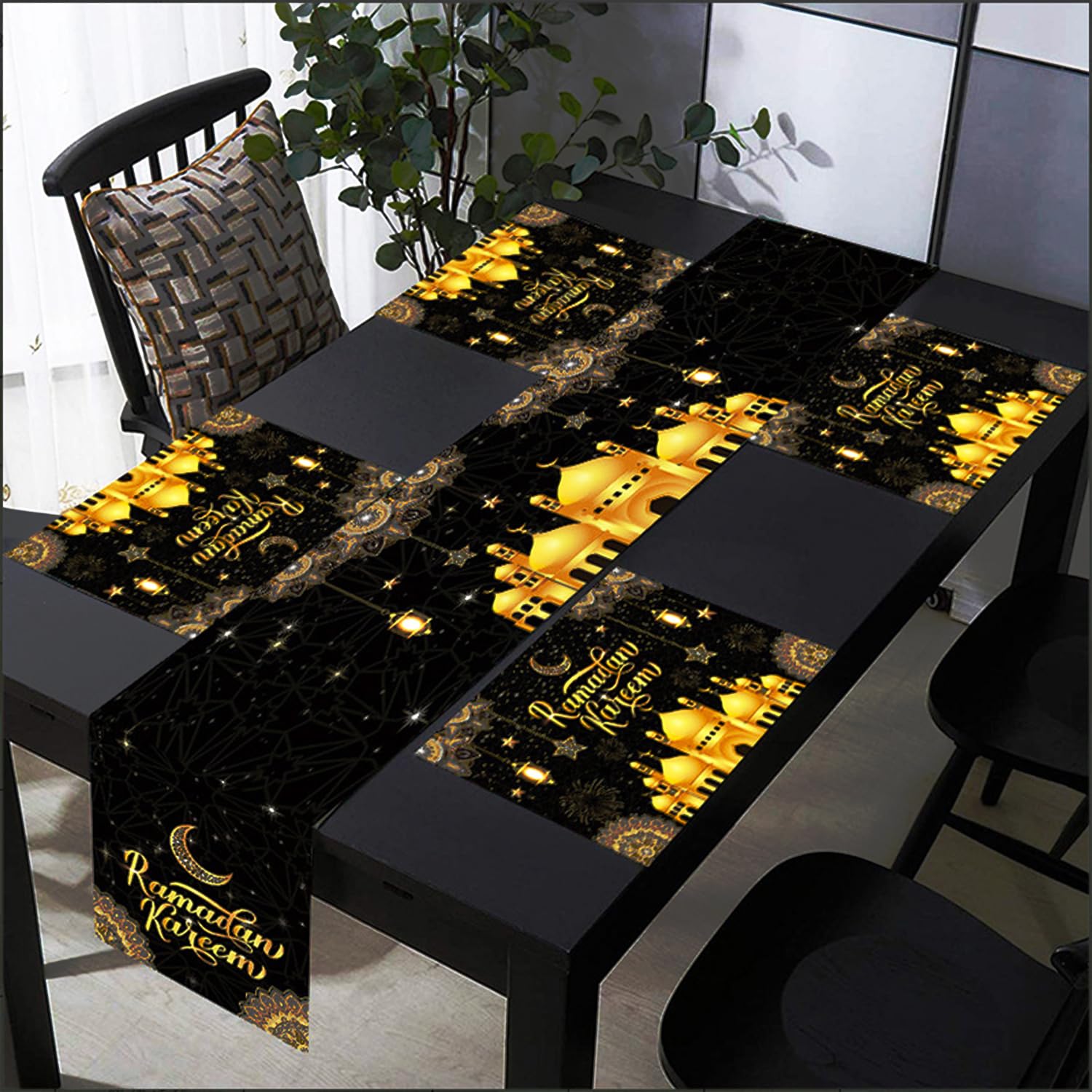 Yezide Black Ramadan Kareen Table Runner And Placemat Set Eid Mubarak Tablecloth Mosque Lantern Stars Moon Dinning Mat Islamic Decor For Ramadan Mubarak Home Room Dinning Table Decoration