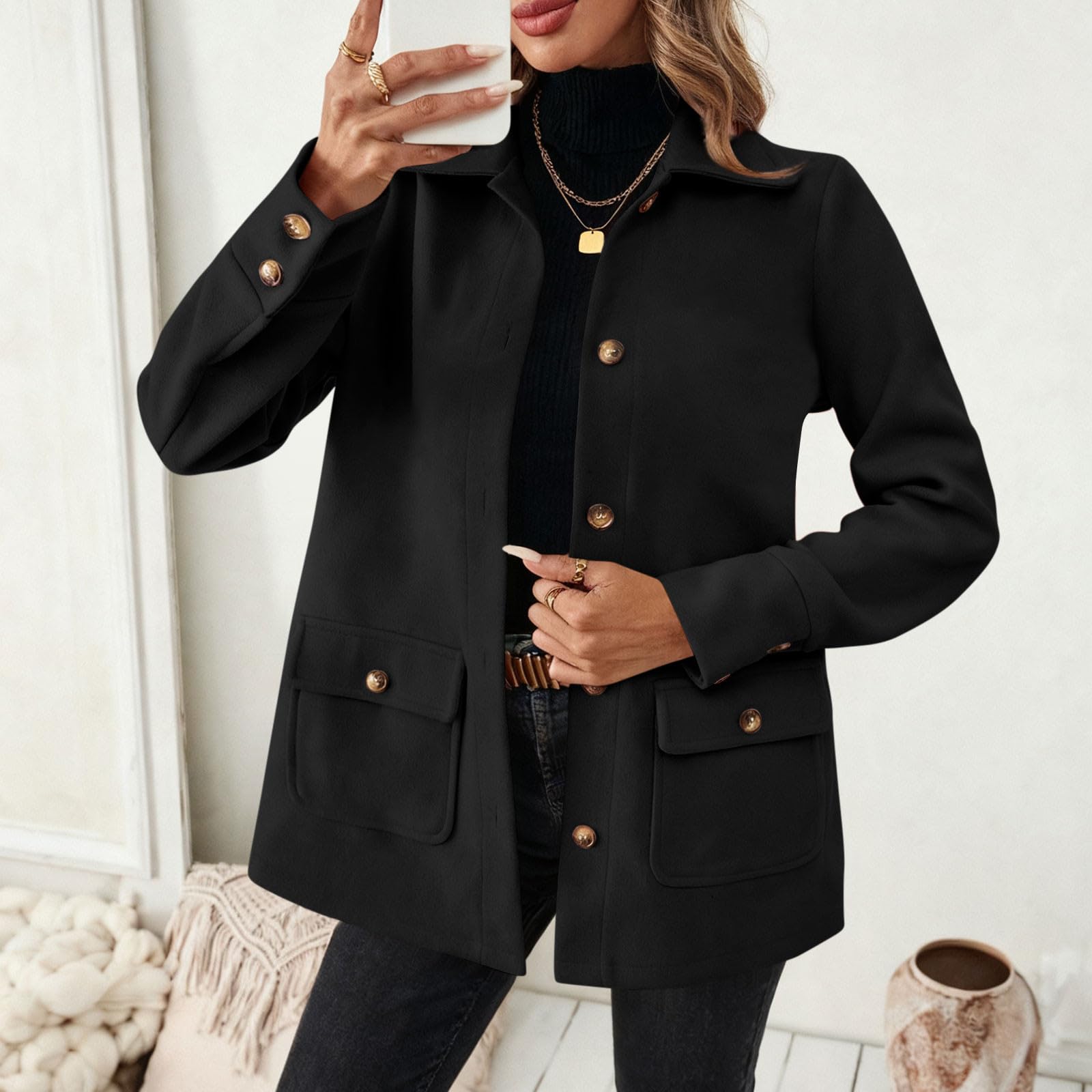 HAOLEI Chaqueta Mujer Invierno de Lana Cuello Solapa Chaquetas de Manga Larga con Botonadura Sencilla Elegantes Tench Coat con Cuello de Solapa Cálido Abrigos Paño Corto con Bolsillos Moda Gabardina