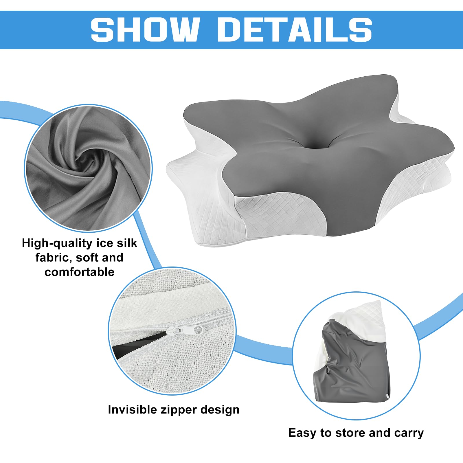 Taies Oreiller en Satin pour Oreillers à Mémoire de Forme Housse d'oreiller avec Fermeture Eclair Taie d'oreiller Cervicale pour Oreiller Crvical JK79 de 63 x 38 x 14 CM (Gris Blanc)