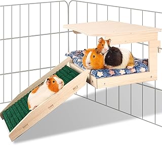 Guinea Pig Hideout - Natural Wooden Small Animal House Bed with Stairs and Mat, Detachable Small Pet Hut Habitats for Guinea Pig Hamsters Bunny Chinchillas Cages