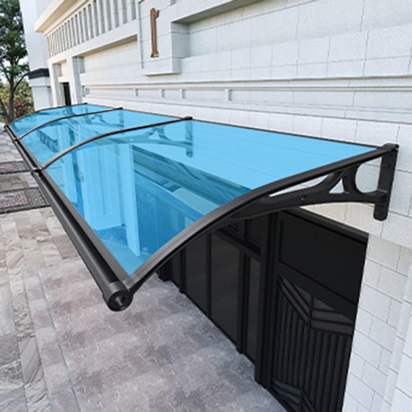 Auvent de porte extérieur en polycarbonate bleu 230 cm avec toit abri de protection contre la pluie