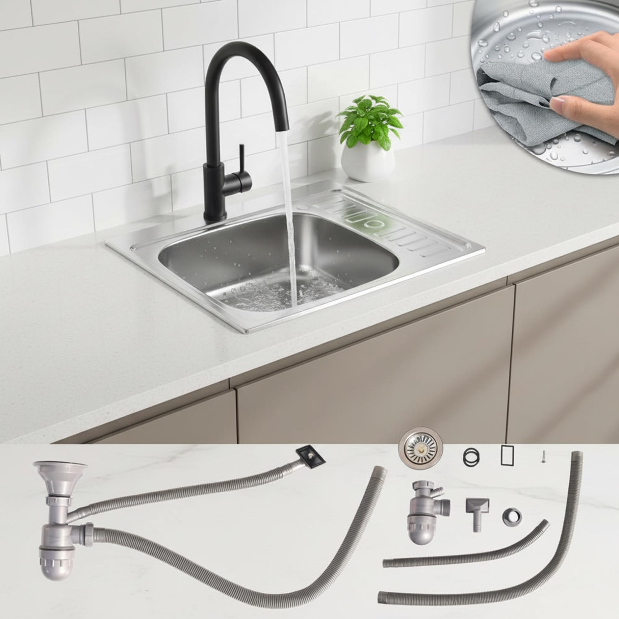 Mucola Edelstahl Küchenspüle 60x50 cm mit Abtropffläche rechts – Einbauspüle mit Rundbecken – Spülbecken Edelstahl satiniert inkl. Ablauf & Siphon