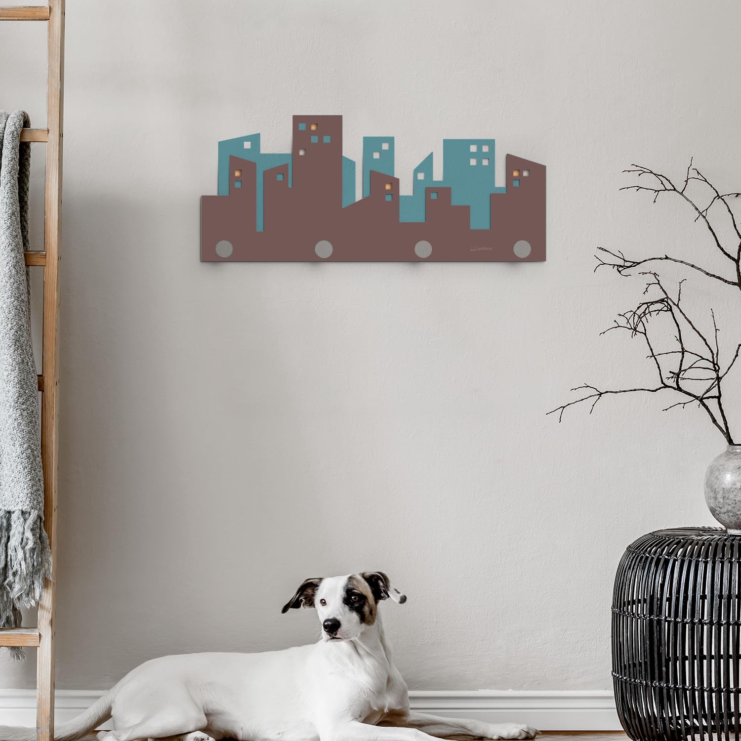 Giallobus - Appendiabiti da parete 4Me - 13 - Skyline Palace - Legno Mdf + Alluminio - 60L x 25l cm - 03 - M - Attaccapanni da Muro con 4 Ganci in Alluminio e Legno