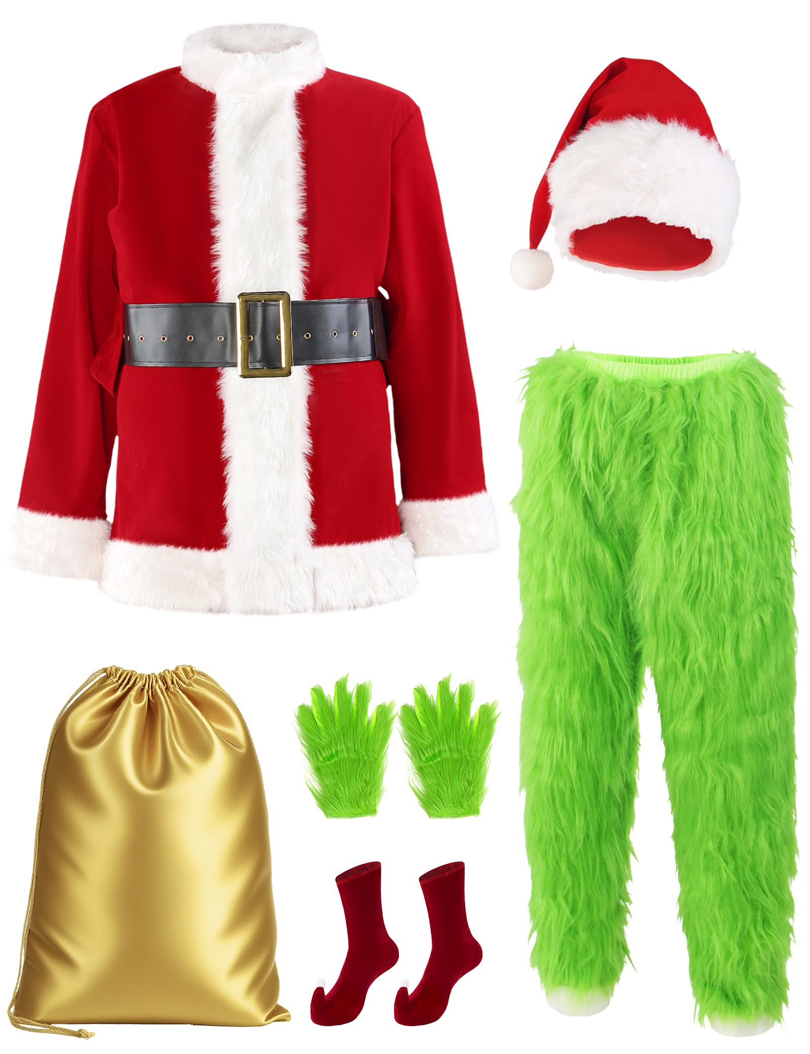 Christmas Costume for Men Adult Santa Claus Suit 7PCS Green Furry Monster Deluxe Xmas Halloween Cosplay Outfit