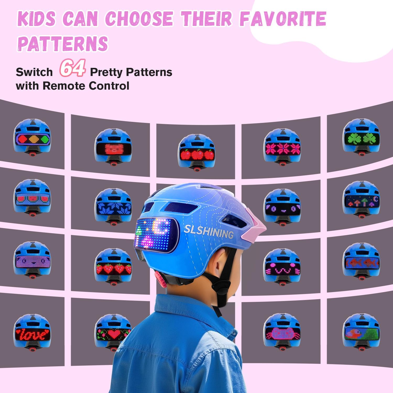 Kids Bike Helmet for Boys Girls: Helmet for Toddler & Kid 3-14 with 64-Pattern LED Light Kids Helmets Multi-Sport Protection