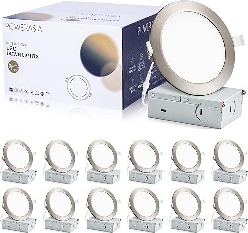 Paquete de 12 luces empotrables de 6 pulgadas con caja de conexiones, 5CCT de 6 pulgadas, luces LED empotrables de níquel cepillado regulables