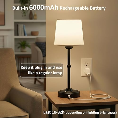 Miniatura 3 de Lámpara de mesa LED inalámbrica, lámpara de escritorio portátil con pantalla de tela, iluminación recargable de 6000 mAh, luz ambiental cálida de