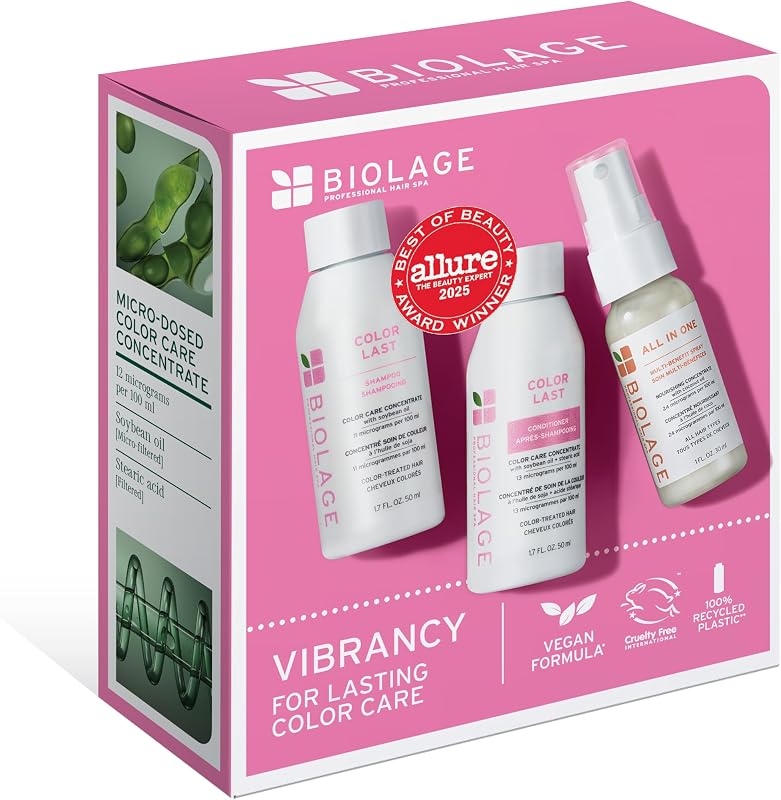 Color Last Travel Size Trio Kit – For Color-Treated Hair, 3 pc | Includes mini shampoo, conditioner, all-in-one spray, maintains vibrancy, adds shine