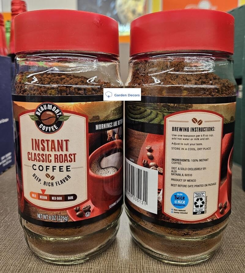 Beaumont Coffee Instant Classic Medium Roast Coffee 8oz 226g (2 Glass Bottles)