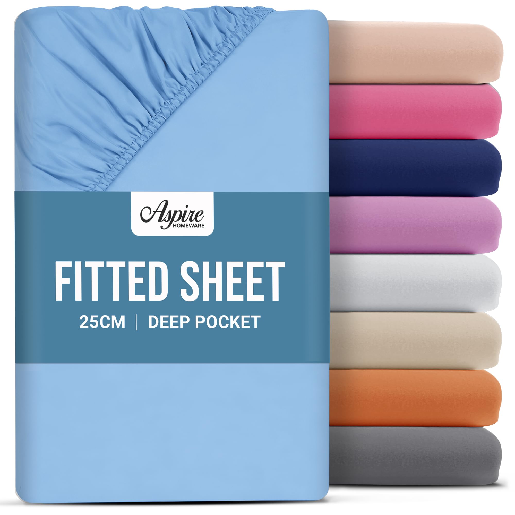Aspire Homeware Small Double Fitted Sheet - 25cm Deep (Light Blue)