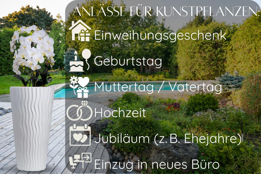 Kunstorchideen weiße Blüten Phalaenopsis Schmetterling mit Deko Elegant Hochtopf XXL groß 130cm hoch | Hochzeits-, Hoteldekoration für Wohnung Büro Praxis, wie Echt - für gemütliches Zuhause