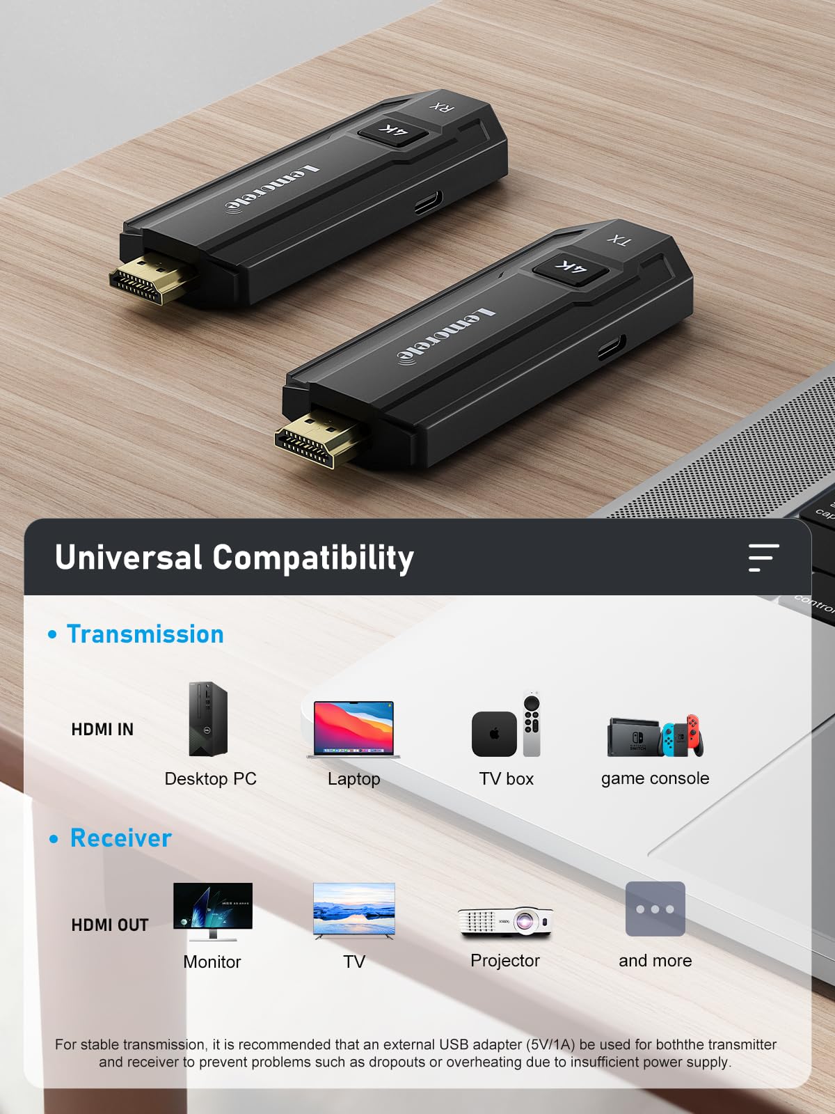 Lemorele 4K 5G HDMI Wireless Transmitter & Receiver, HDMI Radio Transmission, Supports 8TXS to 1 RX, HDMI for Streaming Video & Audio from Laptop/PC/Camera to Monitor/Projector/TV