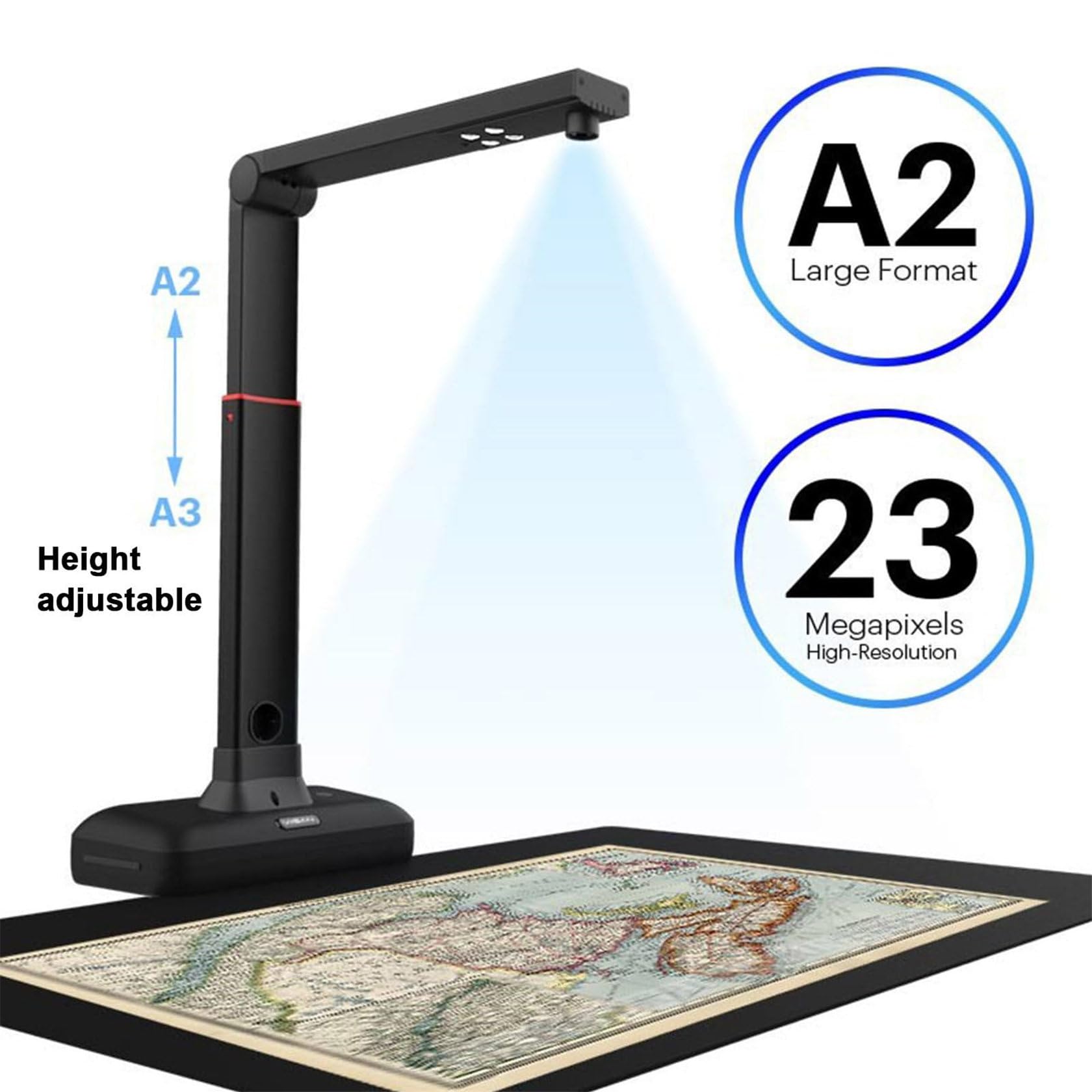 Escáner de documentos superior, cámara USB de 23 MP de alta resolución, OCR de 130 idiomas, aplanamiento automático y tecnologías de eliminación de huellas dactilares