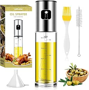 edihome, Pulverizador Aceite Spray, para Cocina, de Acero Inoxidable y Cristal,100 ml, Antigoteo, Accesorios Freidora de Aire, Dispensador, Bote, Dosificador