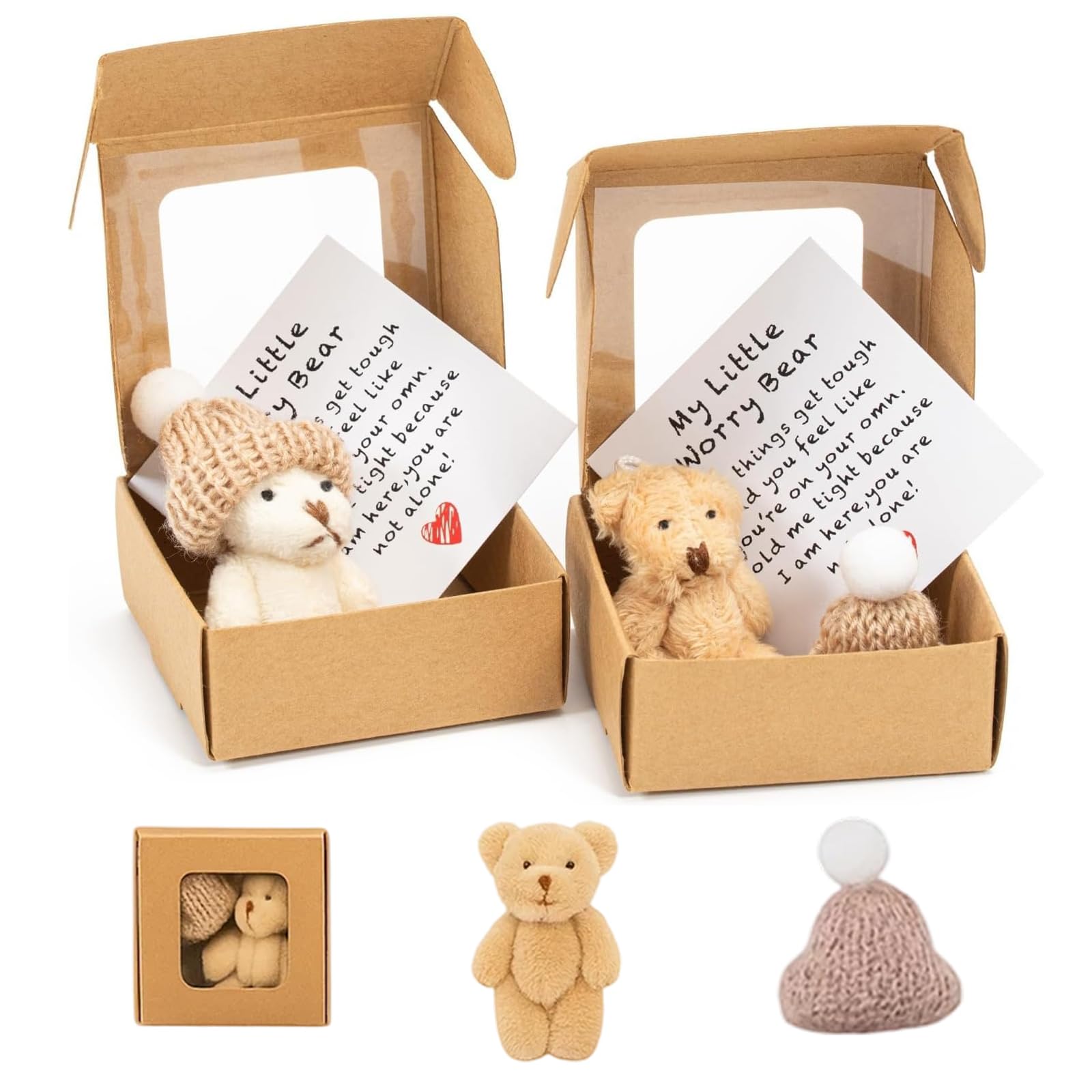 2 Pack Worry Bear Hug in a Box, A Little Pocket Bear Hug, Mini Plush Teddy Bear in Box, Emotional Support Gifts for kids, Pocket Bears with Inspirational Card for Friends Family Children