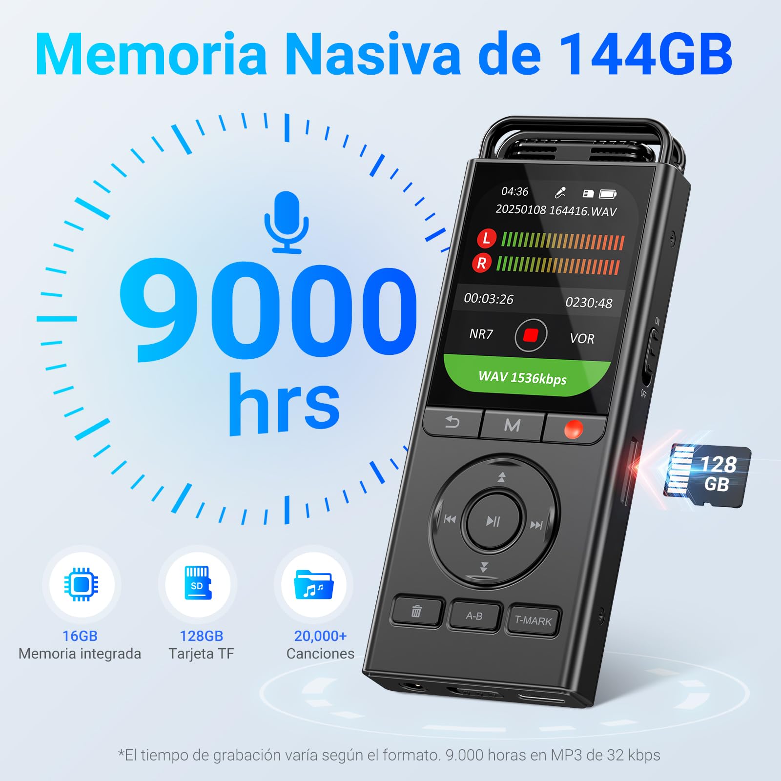 MECHEN 144 GB Grabadora de Voz Digital, Grabadora Activada por Voz con 10.000 h de Tiempo de Grabación, Audio HD de 3072 Kbps, Reducción de Ruido, Puede Conectarse a un Micrófono Externo (144, GB)