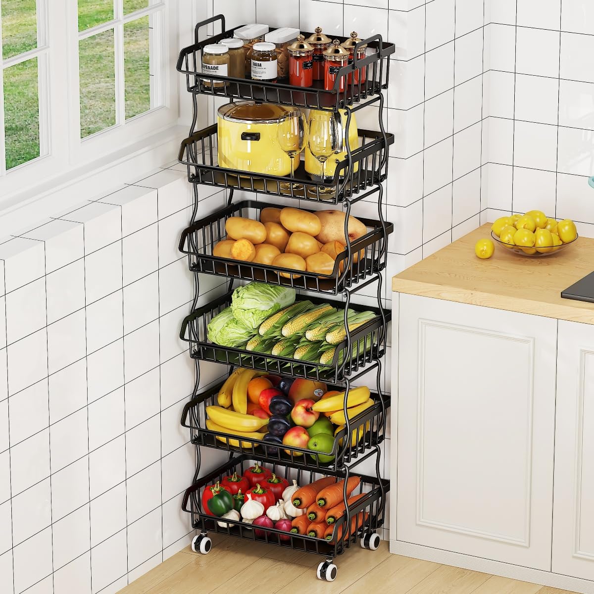 Cesta de alambre de metal enrollable con asa superior y ruedas, organizador apilable resistente, se puede separar para usar en cocina, baño, recámara