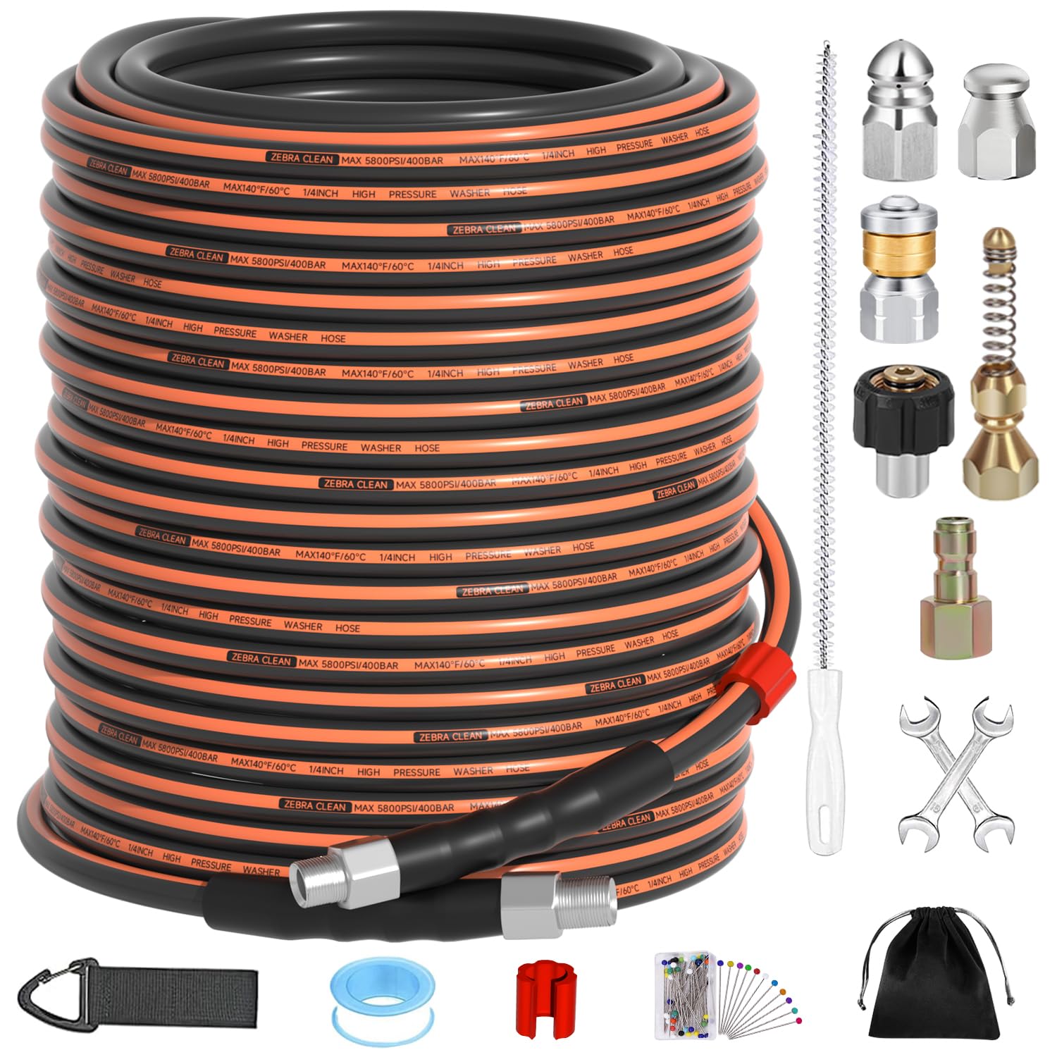 Kit de chorro de alcantarillado para lavadora a presión, manguera limpiadora de drenaje de esquina NPT de 1/4 pulgadas, 5800 PSI con boquillas de chorro de alcantarillado, pin de ramillete de perlas,