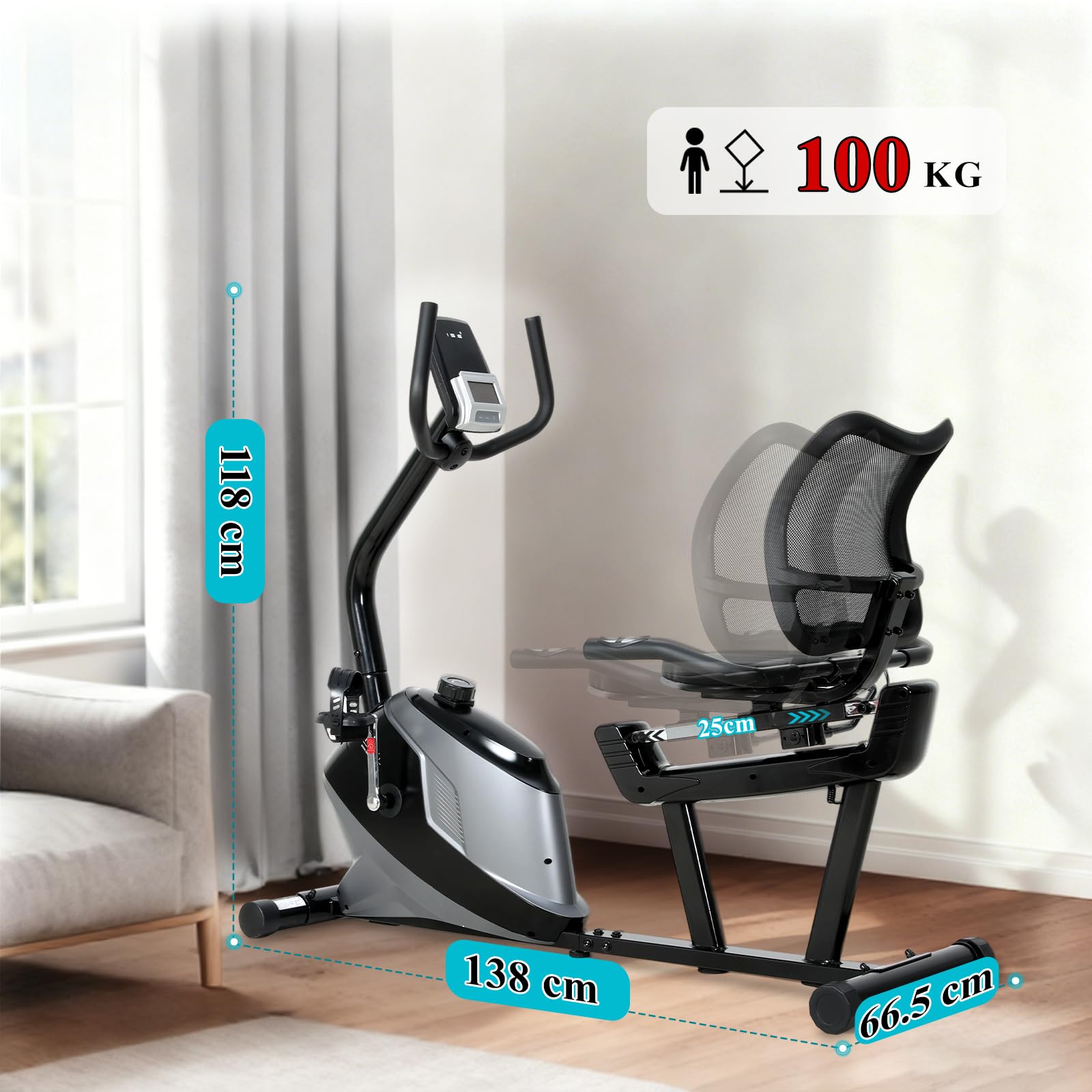 ISE Vélo d appartement Semi Allongé Magnétique 8 Niveaux Résistance, Velo d appartement Dossier Réglable Ergonomie, Impulsion/Ecran LCD, Velo Appartement Semi-Allongé Volant Silencieux, Maison/Bureau