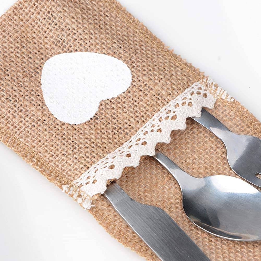 10 Portaposate In Tela Di Iuta Con Pizzo: Sacchetti Per Posate Stile Rustico Per Matrimoni