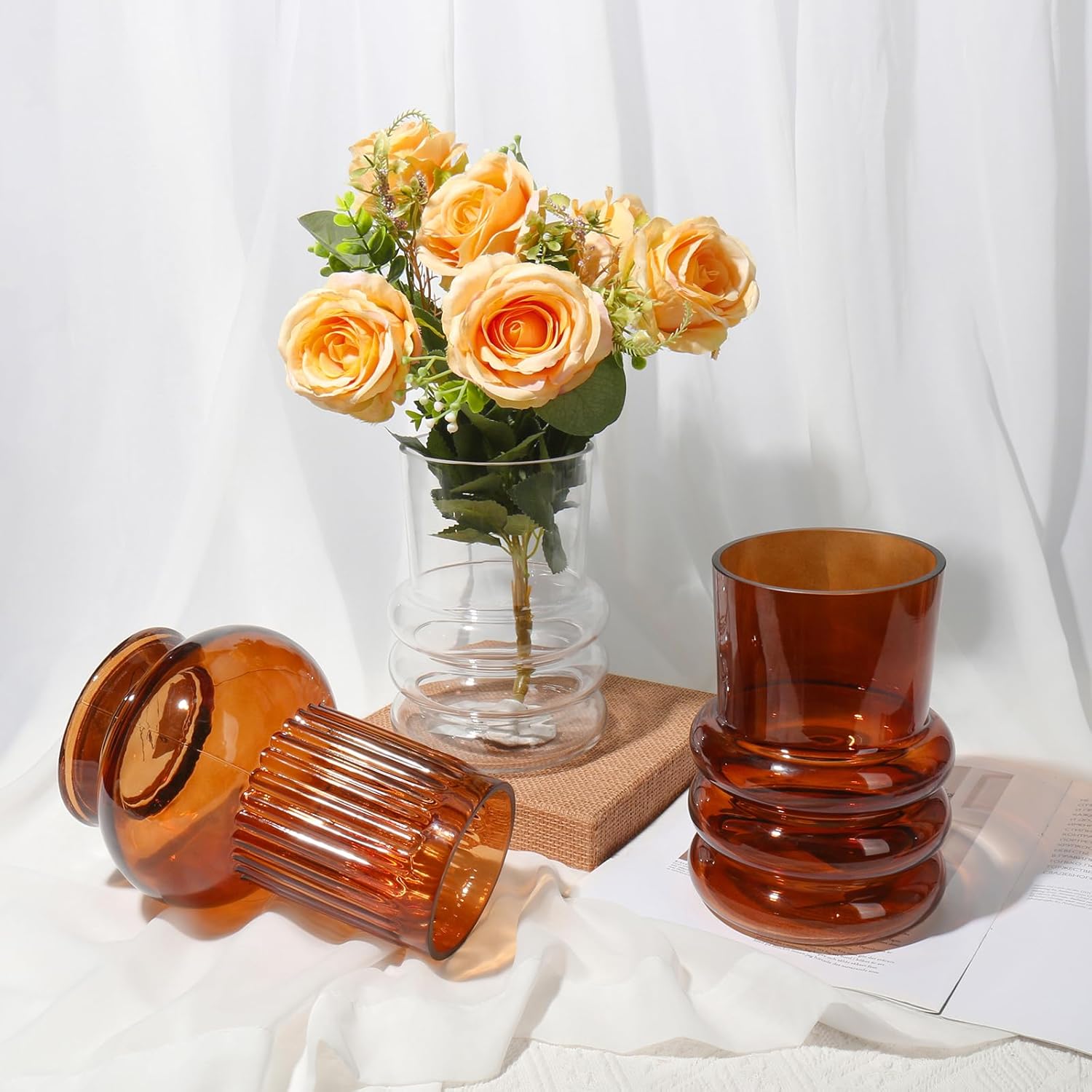 Amber Glass Flower Vase, 7" x 4.7" Thickened Hydroponic Flower Vase Modern Geometric Glass Vase for Home Living Room Wedding Centerpieces Office Table Decor - Image 3